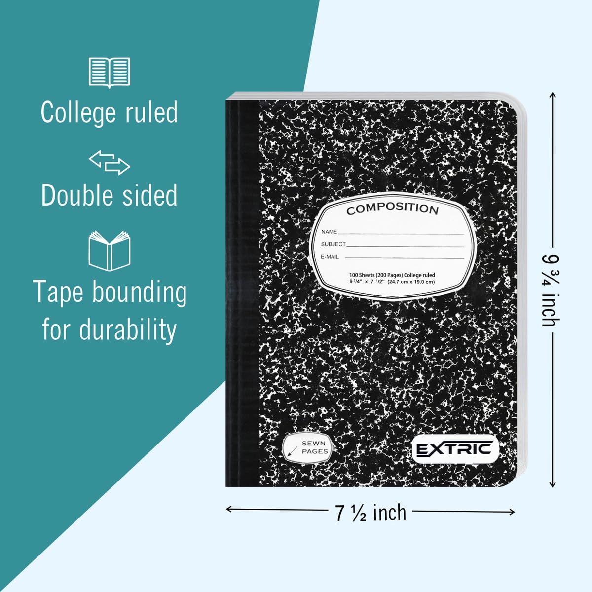 EXTRIC Composition Notebook College - Confezione da 48 quaderni a righe per scuola, 200 pagine (100 fogli), senza sbavature, colore nero marmo, 24,8 x 19,1 cm