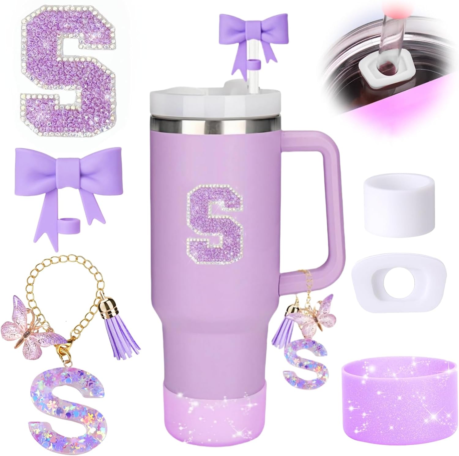7PCS Black Stanley Cup Accessories Set For Stanley Cup 30oz 40oz,Including Diamond Straw Topper,Letter Charm,Bling Bow,Initials Sticker,Spill Proof Stopper,Silicone Boot(Black K - View #4