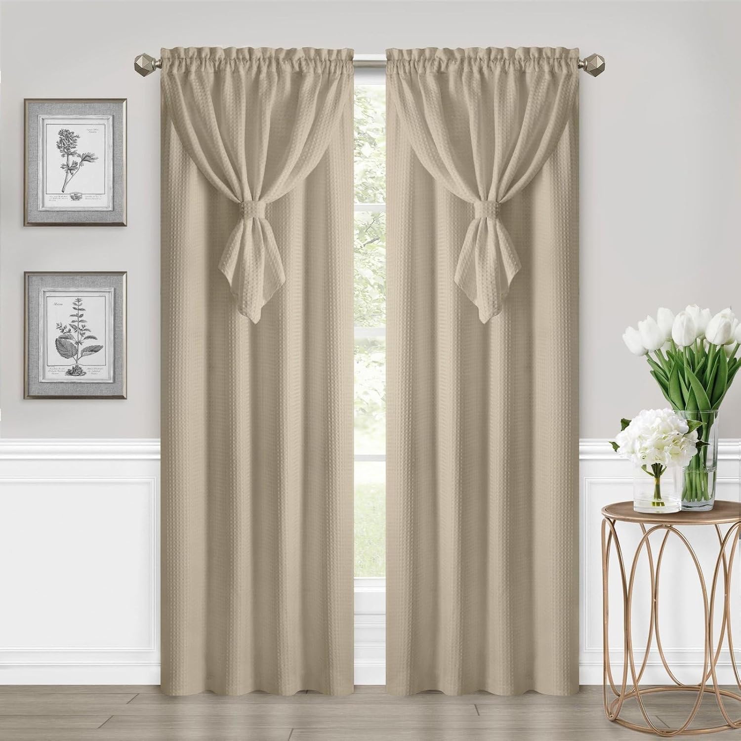 ACHIM Allegra Window Curtain Panel with Attached Teardrop-Style Valance - 42 Inch Width, 84 Inch Length, 2-inch Rod Pocket - Taupe - Ultra-Soft Light Filtering Fabric & Machine Washable Home Decor