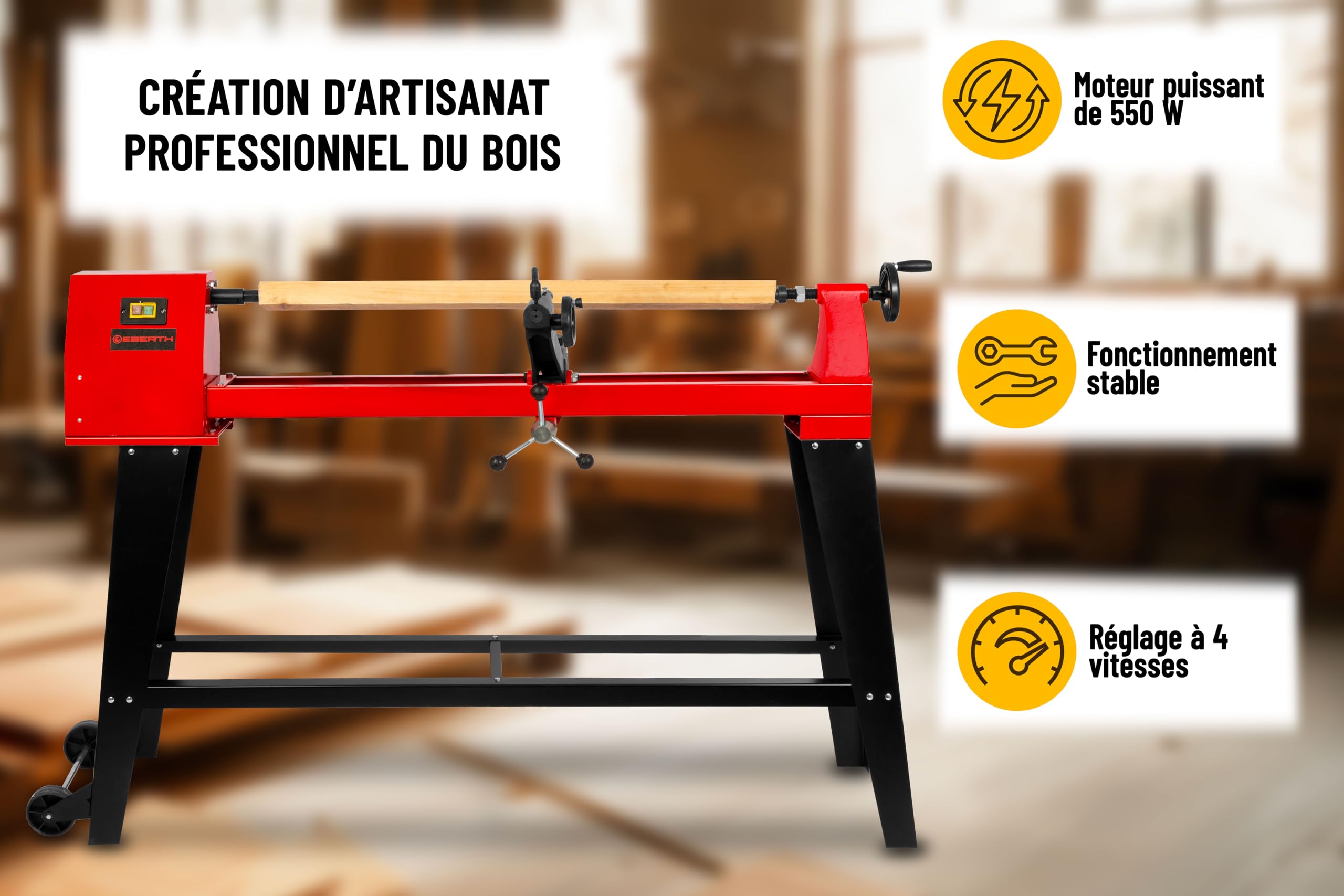EBERTH Tour à bois 550 W pour le bois avec châssis stable – distance entre pointes 1000 mm, diamètre de tournage Ø 350 mm, entraînement par courroie à 4 vitesses, tour à bois stable