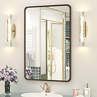 Vista 44 de OKPAL 16x24 Espejo de baño de bronce, espejo de marco de bronce rectangular redondeado, espejo de tocador de baño de bronce cepillado para montar