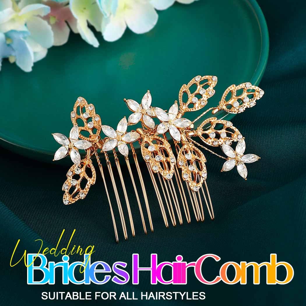 Gold Bridal Hair Comb Crystal Flower Hair Pieces Rhinestone Wedding Hair Accessories for Women - Image 2