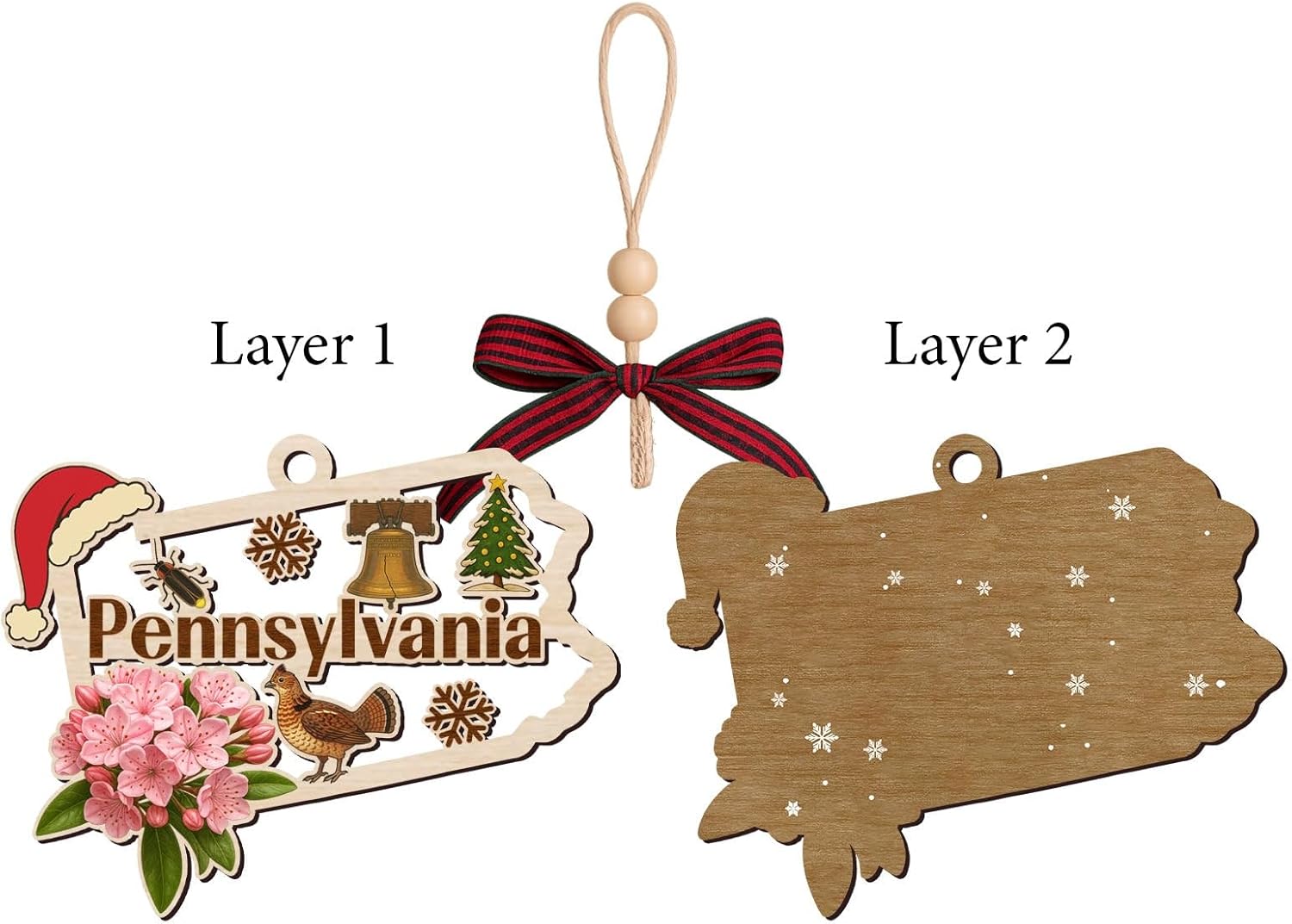 Pennsylvania State Christmas Wooden Ornament - State USA Ornament - Moving to Pennsylvania Gift - Travel Gift - 2 Layer Laser Cut Wooden Ornament - Image 3