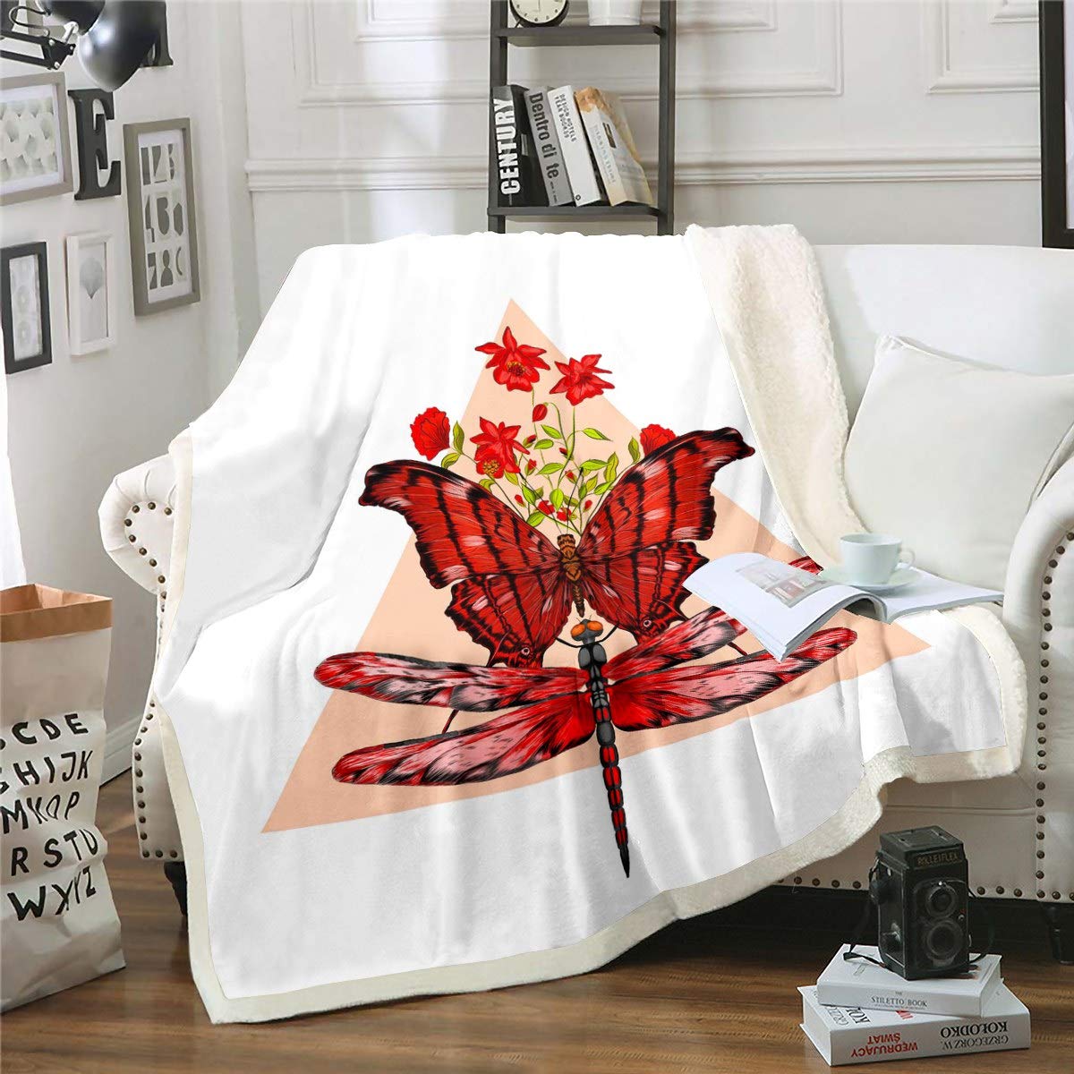 Loussiesd Kids Butterfly Fleece Blanket Dragonfly Floral Sherpa for Sofa Bed Flying Insects Pattern Red Nature Animal Bedroom Decor King 87"x94"