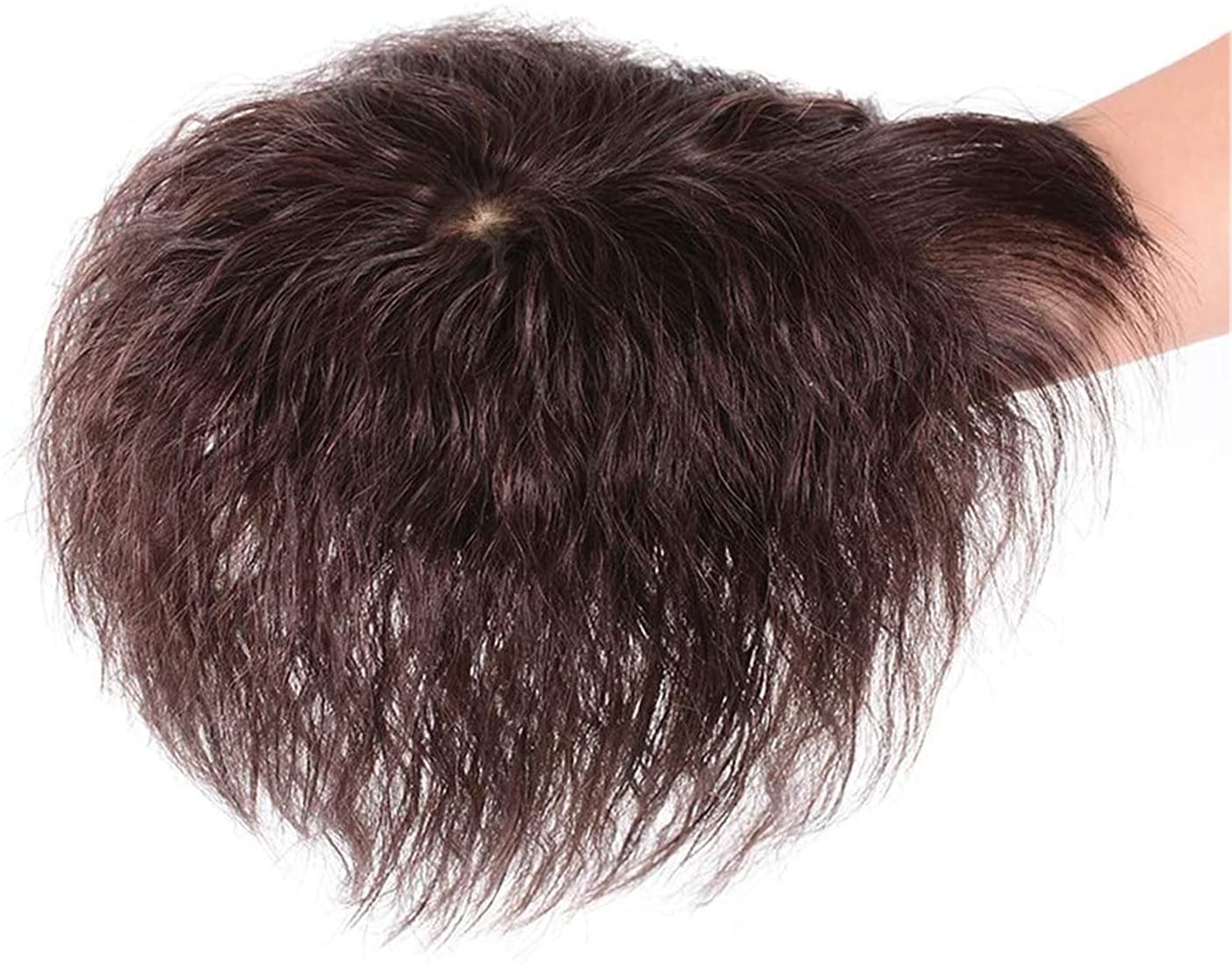 Curly Human Hair Topper Hairpieces with Bangs for Women 3"x4.7" Clip in Real Human Hair Crown Toppers for Thinning Hair, Dark Brown