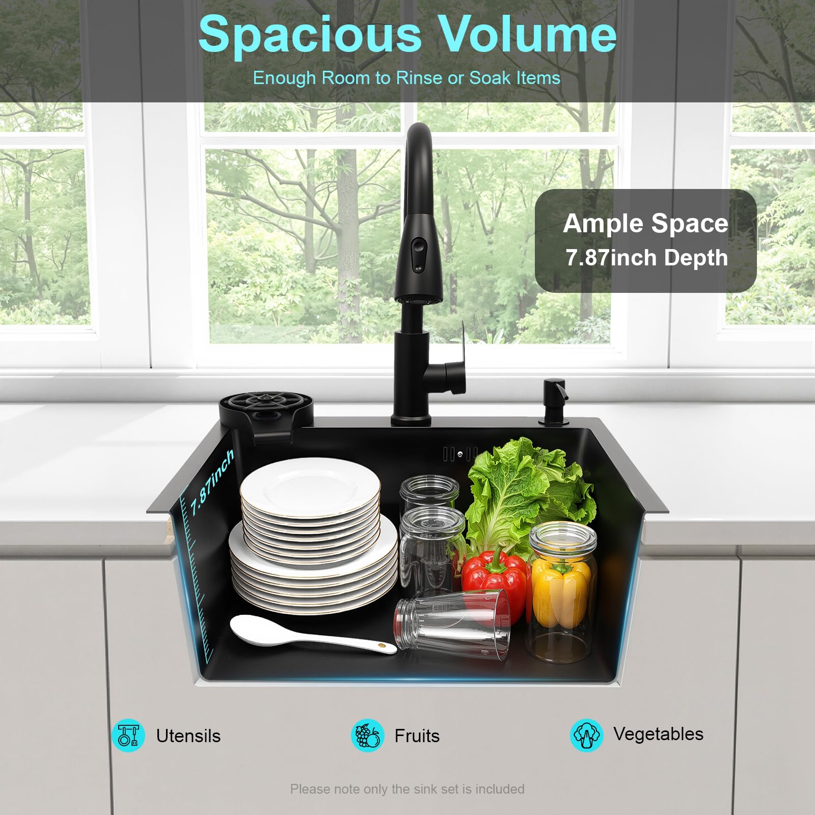 Evier Cuisine,45 * 40cm évier de Cuisine en Acier Inoxydable évier Intégré le Robinet Extractible 360° avec évier+Panier de Drainage+Distributeur de Savon Encastré (50 * 45cm)