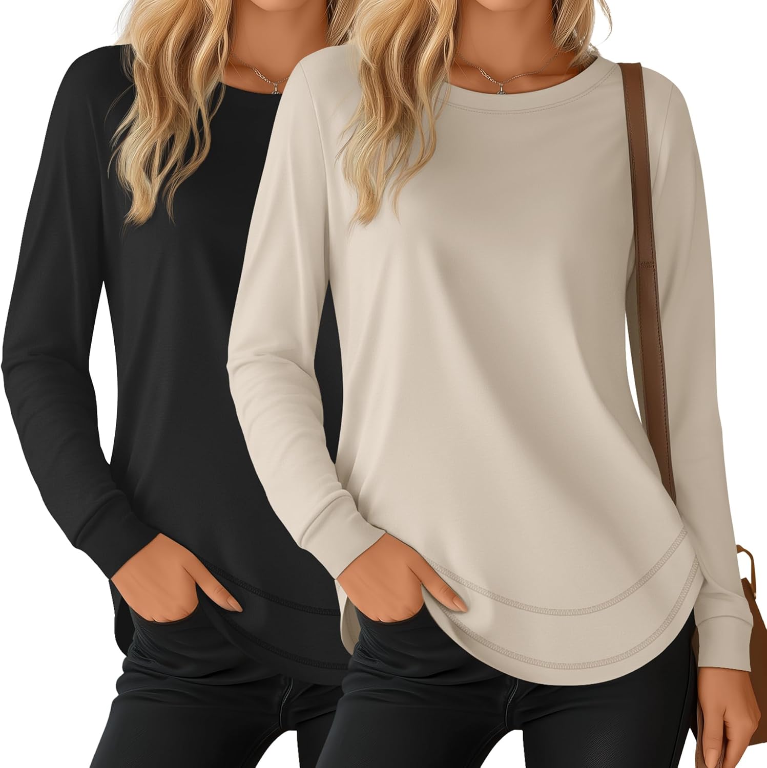 Riyiper 2 Pack Women's Crew Neck Sweatshirts, Cotton Long Sleeve Casual Shirts Loose Fit Tunic Tops Plain Basic Pullover Tees