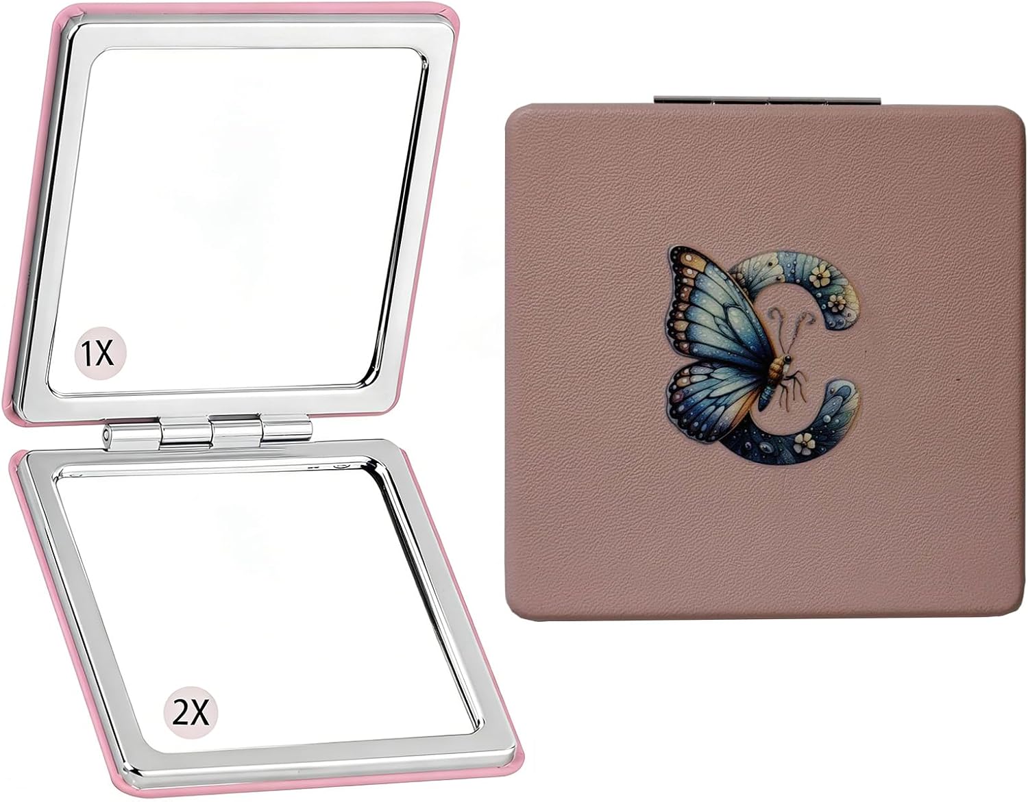 Personalized Compact Mirror, Monogram Initial 1X/2X Magnification Travel Pocket Makeup Double Sided, Portable, Folding, Handheld Mini Square Mirror With Cute Cat for Girls Students Women (Letter C)