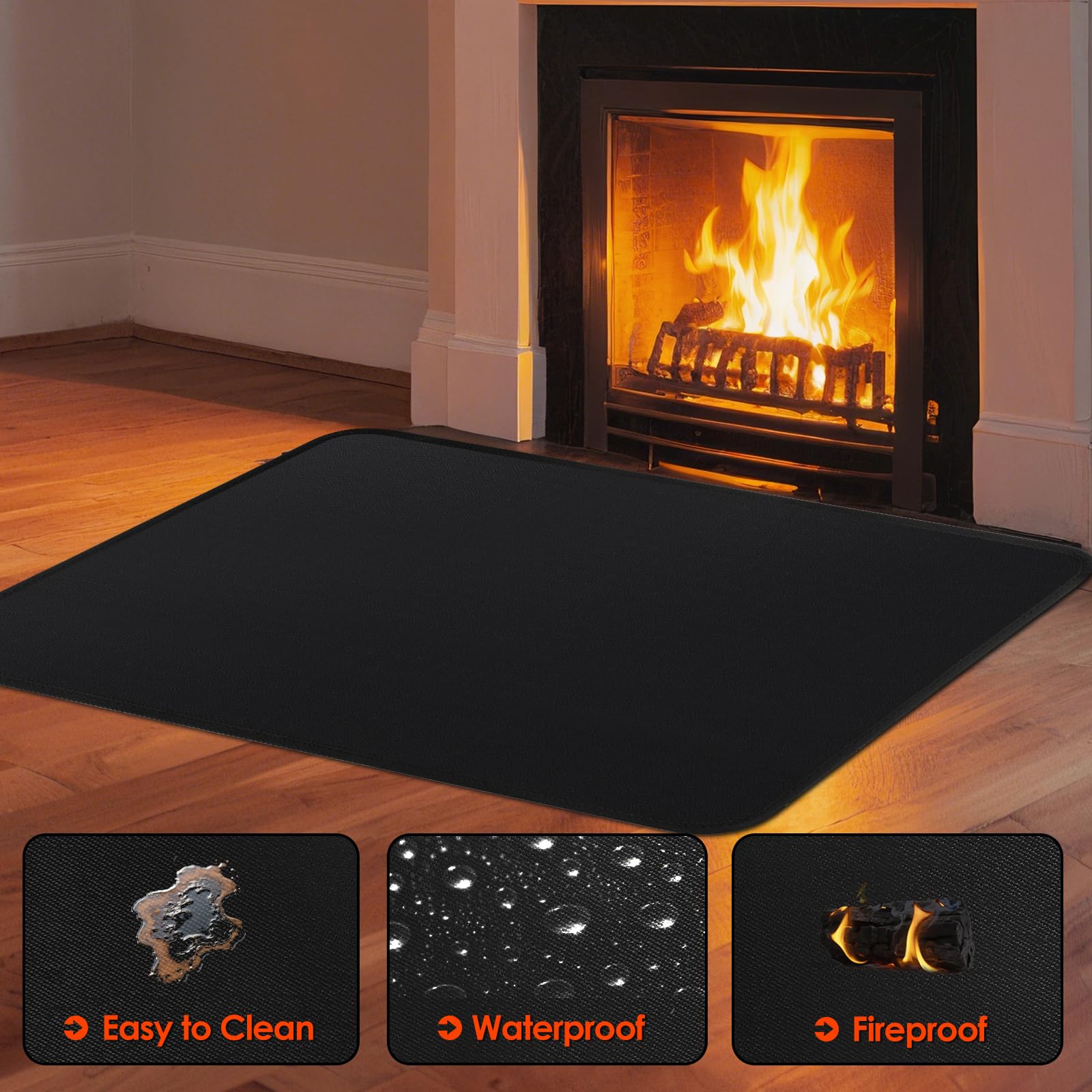 Alfombra antifuego, alfombra ignífuga, ignífuga para estufa de leña, chimenea, interior y exterior, protege los suelos y alfombras de chispas, 150 x 80 x 0,1 cm, color negro