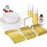 Supernal 400pcs Gold Plastic Dinnerware Set for 50 Guests-Gold Plastic Plates Heavy Duty Disposable Party Plates, 200 Gold Plastic Silverware, Linen Napkins, Clear Cups For Wedding,Birthday