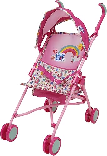 Baby Alive Cochecito de muñeca - Rosa y arco iris - Se adapta a muñecas de hasta 24 pulgadas, toldo retráctil, arnés de seguridad para muñeca de
