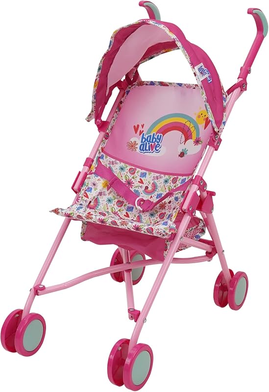 Doll Stroller with Canopy & Safety Harness, Pink & Rainbow, Foldable for Travel, Fits Dolls Up to 24 Inches, for Kids 3+
