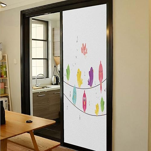 Miniatura 4 de Película de privacidad con patrón de pájaro en un alambre, animales alados de dibujos animados y notas musicales sobre fondo liso, película de