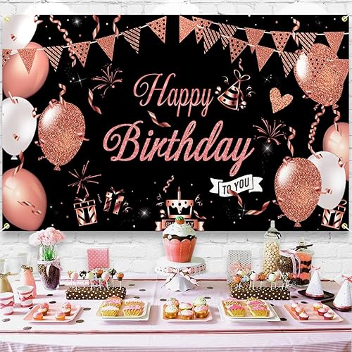 Miniatura 3 de Cartel de feliz cumpleaños negro y oro rosa, decoración de fondo de feliz cumpleaños para mujeres y niñas