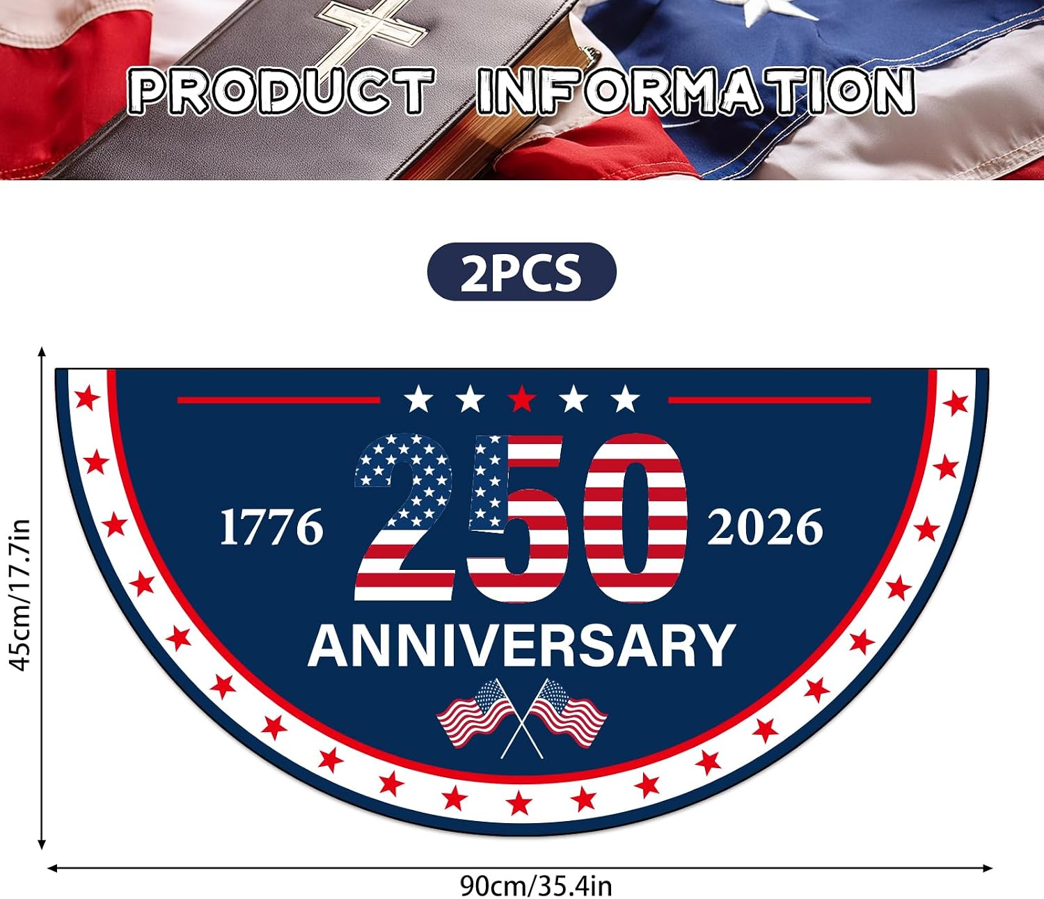 250th Anniversary USA Bunting Flag, 2 Pcs 1776-2026 American Patriotic Bunting Fan Banner, Happy Birthday USA Anniversary Flag for Outdoor Front Door Porch Decor 17.7 x 35.4 Inch