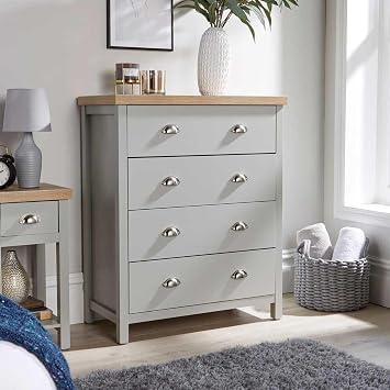 Home Source Wide Chest of Drawers Clothing Storage Unit, 4 Drawers, Grey, Sonoma Oak Effect