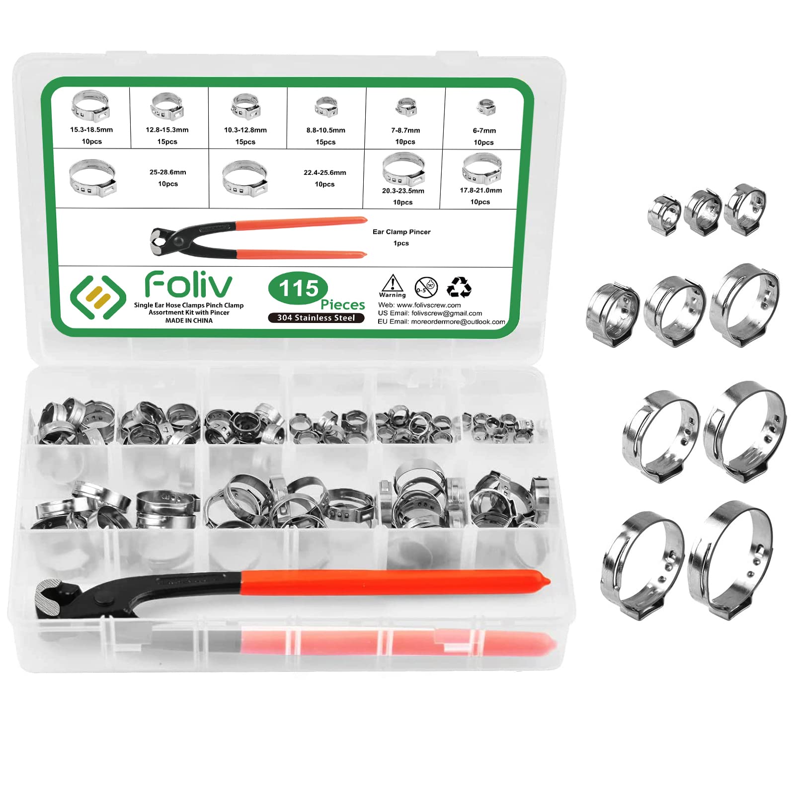 Buy Foliv115PCS Crimp Clamps 304 Stainless Steel Single Ear Hose Clamp Kit, 628.6mm Stepless