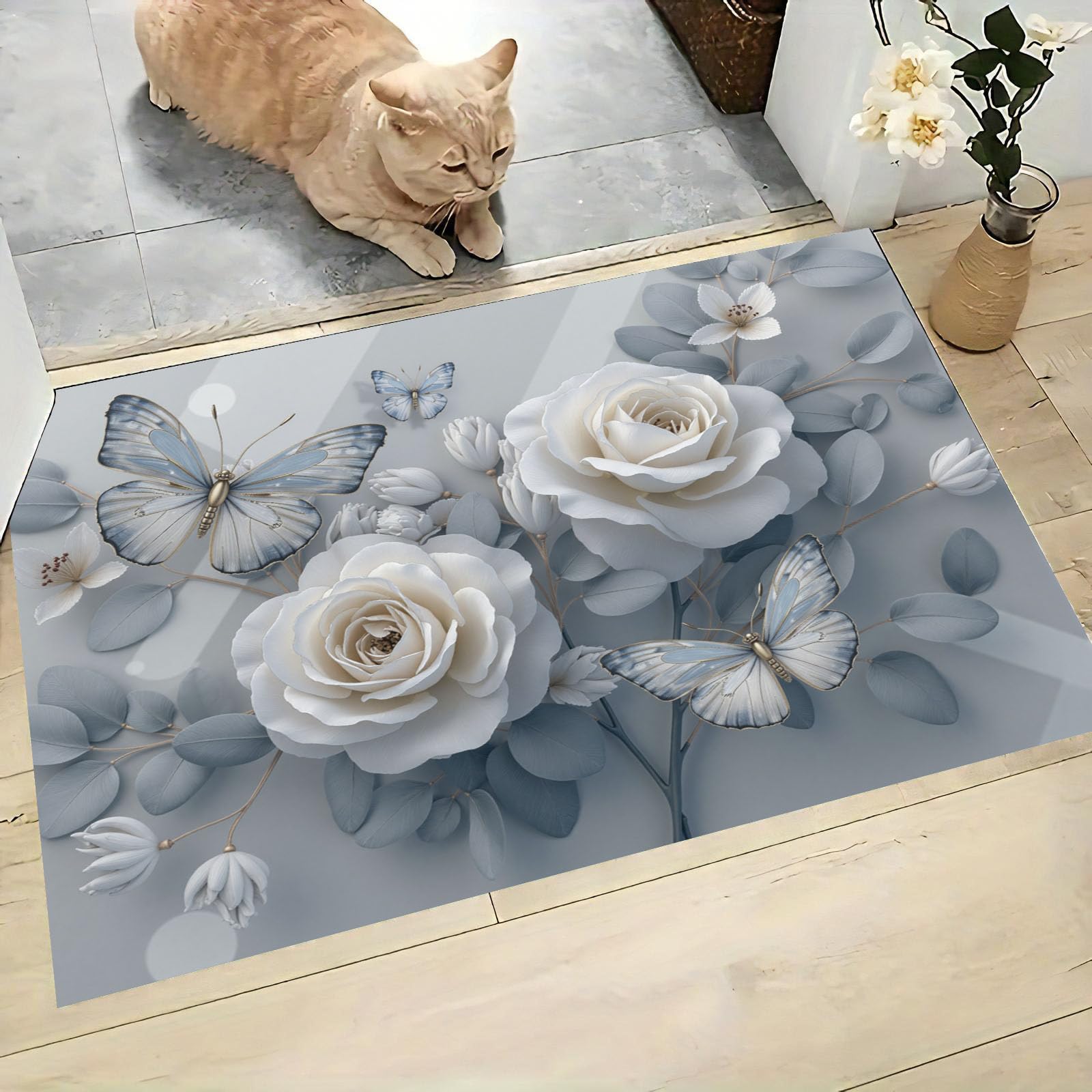 Tapis Entree Interieur Luxe Floral 80x120cm Lavable en Machine, paillasson AntidéRapant Poil Ras, Papillons Roses en Relief pour Chambre Salle a Manger Cuisine, Gris Bleu