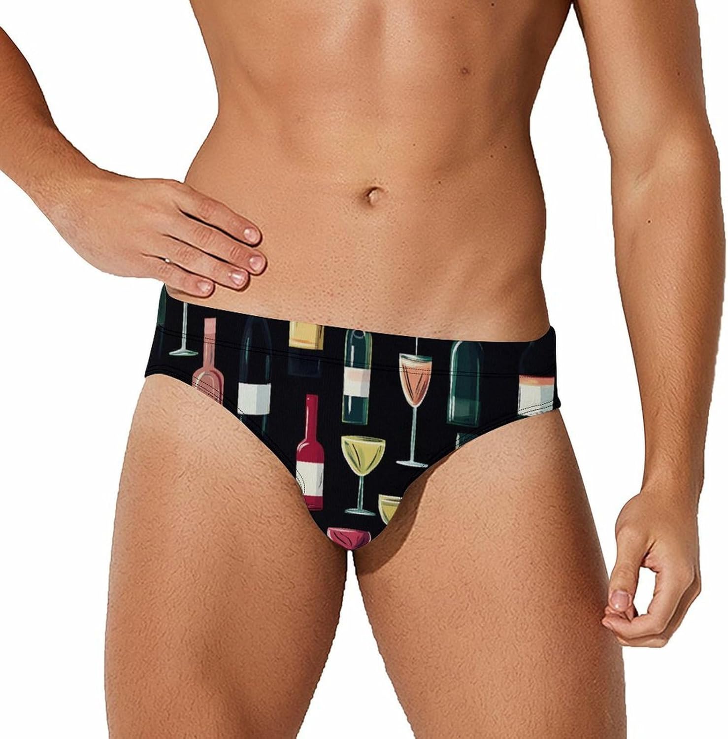 Wine Glass and Wine Bottle Mens Swim Briefs Print Bikini Swimwear Sport Swimsuit Surf Shorts Trunks