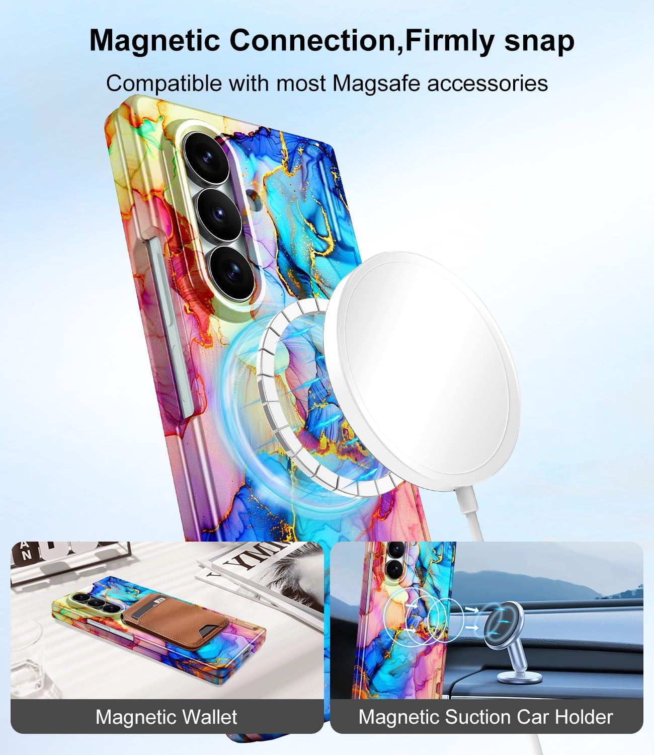 Btscase for Samsung Galaxy Z Fold 7 Case Magnetic with Hinge Protection,[Built-in Front Screen Protector] [Compatible with MagSafe] Marble Slim Full Body Protective Shockproof Women Men Case,Colorful