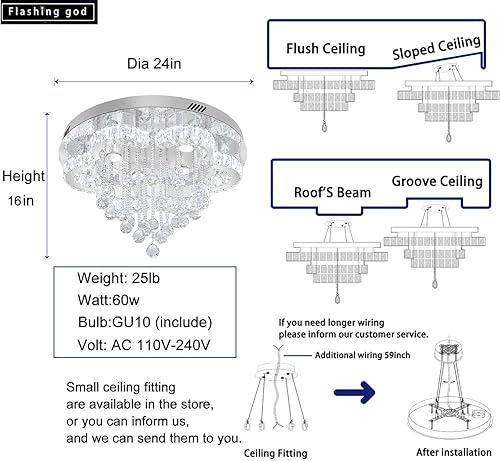 Miniatura 3 de Flashing God W24inches - Lámpara moderna para comedor, lámpara de cristal con forma de gota de lluvia, lámpara de techo de montaje empotrado,