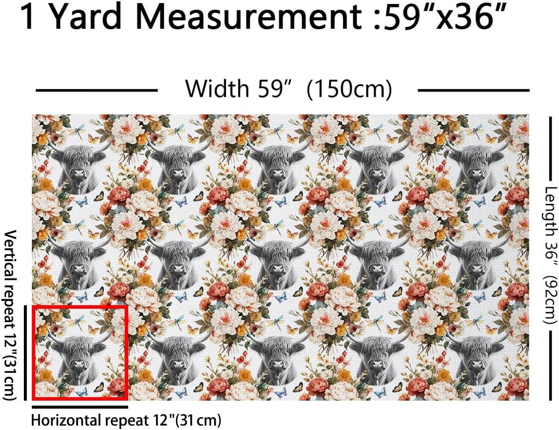 Feelyou Highland Cow Fabric by The Yard, Farmhouse Highland Cattle Floral Upholstery Fabric for Chairs, Vintage Watercolor Flowers Decorative Waterproof Outdoor Fabric, 2 Yards, Brown Gray