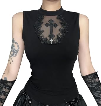 Womens Gothic Y2K Crop Top Cami Sleeveless Shirt Top Punk Grunge Tank Tops Summer T-Shirt
