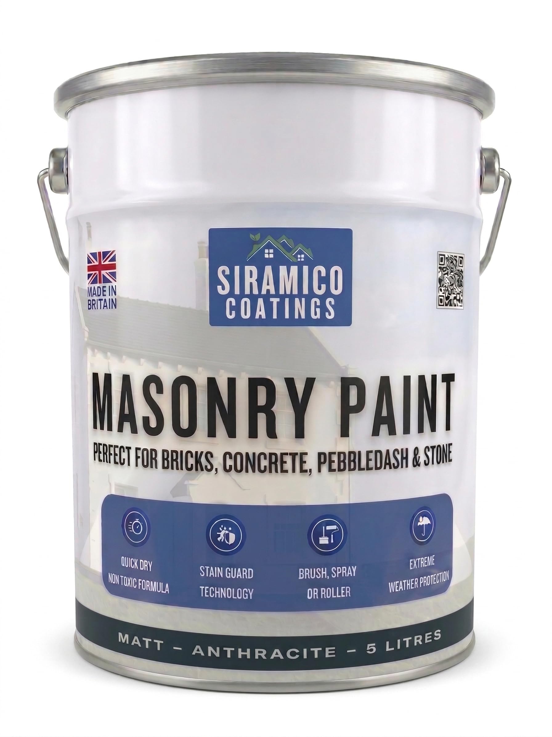 SIRAMICO COATINGS Masonry Paint | 5 Litres | Waterbased ECO Resin Technology | 7 Luxury Colours | Smooth Matt Finish for outdoor masonry protection | 10 Year Colour Guarantee (DARK GREY)