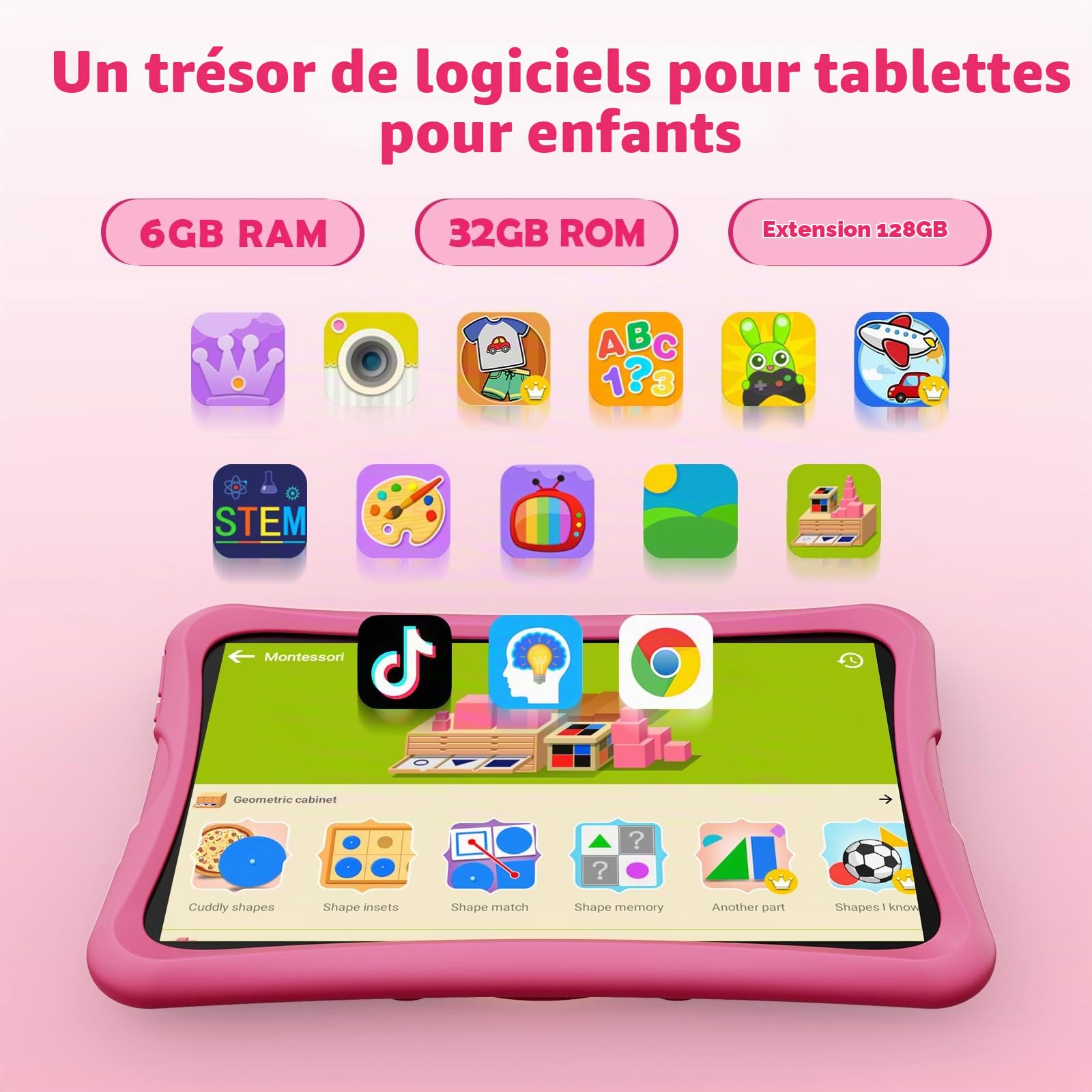 DigiLand Android 15 Tablette Enfant 10,1 Pouces,6GB RAM + 32GB ROM (Extensible), Contrôle Parental, Apps Enfant Préinstallées, Double Caméra, avec Coque de Protection (10 Pouces 32GB Rose)