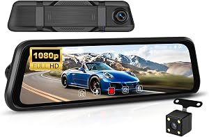 9.66 Inch Mirror Dash Cam 1080P Front & Rear HD Backup Camera Detection with Night Vision, IPS Touch Screen, Loop Recording, Wide Angle Reverse Assist Fit for All Cars