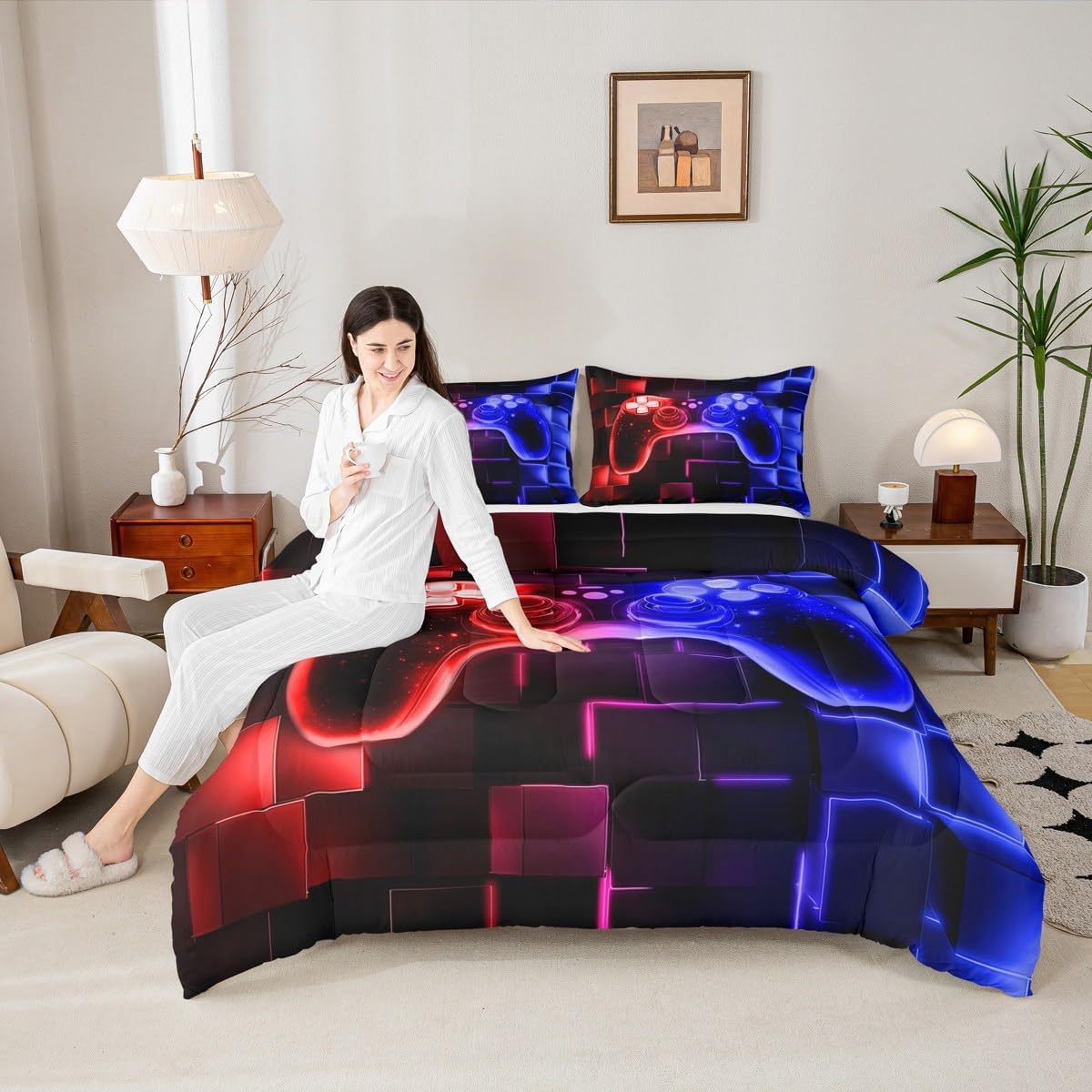Erosebridal Kids Gamer Comforter Set Queen, Gaming Bedding, Video Games Gamepad Bedding Comforter Sets Neon Glowing Square Geometric Grid Red Blue Bedroom Decor Duvet Insert
