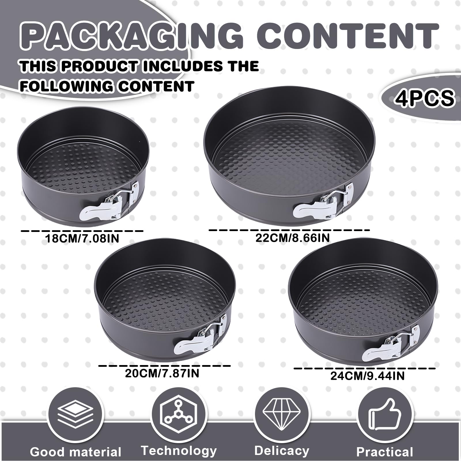 Set di 4 stampi per torte, Ø 18/20/22/24 cm, con fondo piatto, rimovibile, piatto rotondo, a prova di perdite, rivestimento antiaderente per cuocere torte e pane