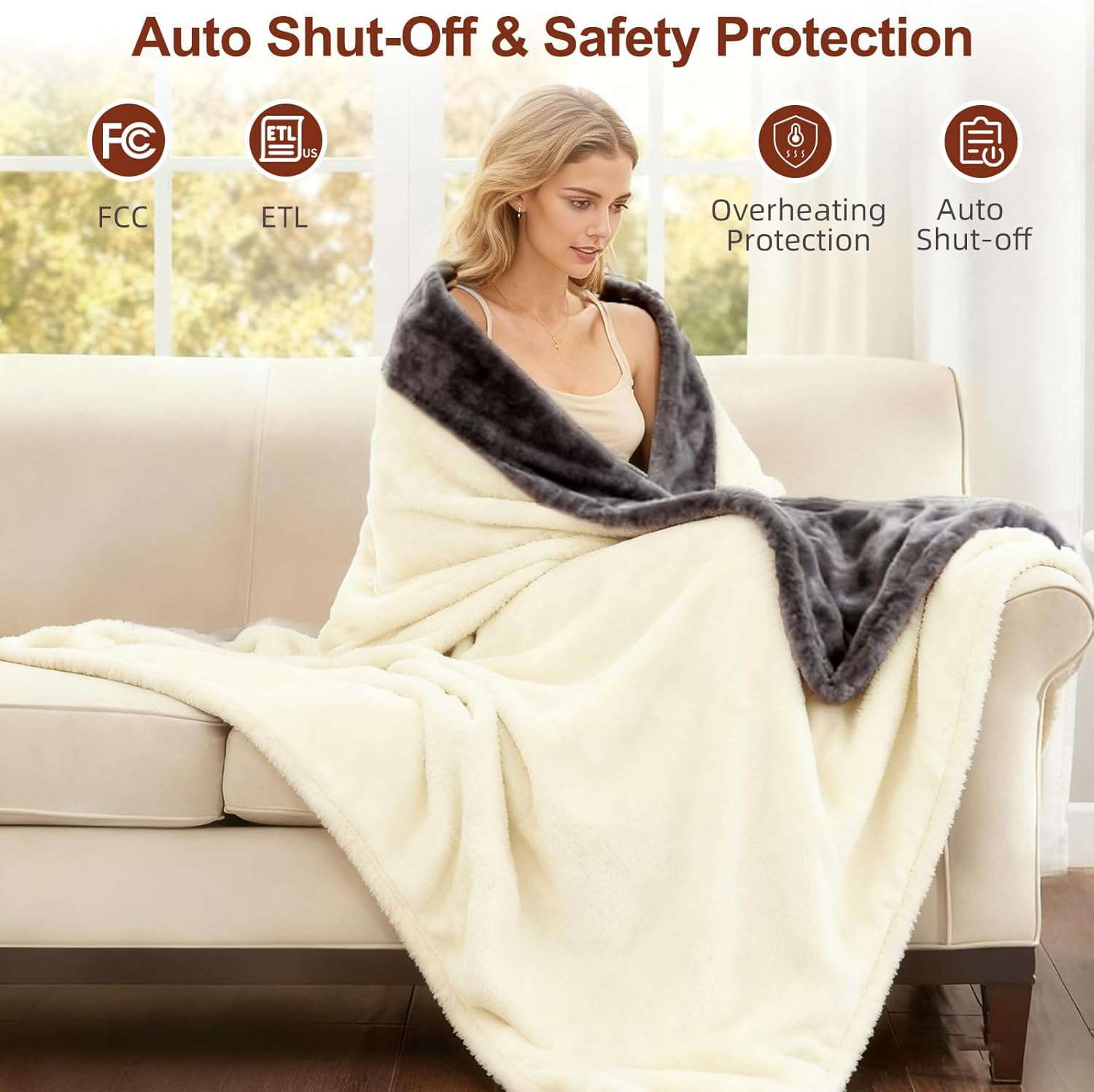 Electric Heated Blanket Throw 50" x 60" Soft Dual-Sided Flannel Fast Heating 12 Heat Levels 1–12H Timer & Overheat Protection & Auto Shut-Off & Machine Washable (Milky White & Gray) - Image 5