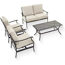 Patio Conversation Set 4 Pieces Cushioned Metal Outdoor Furniture Sets with All Weather Frame for Porch Backyard Lawn Beige