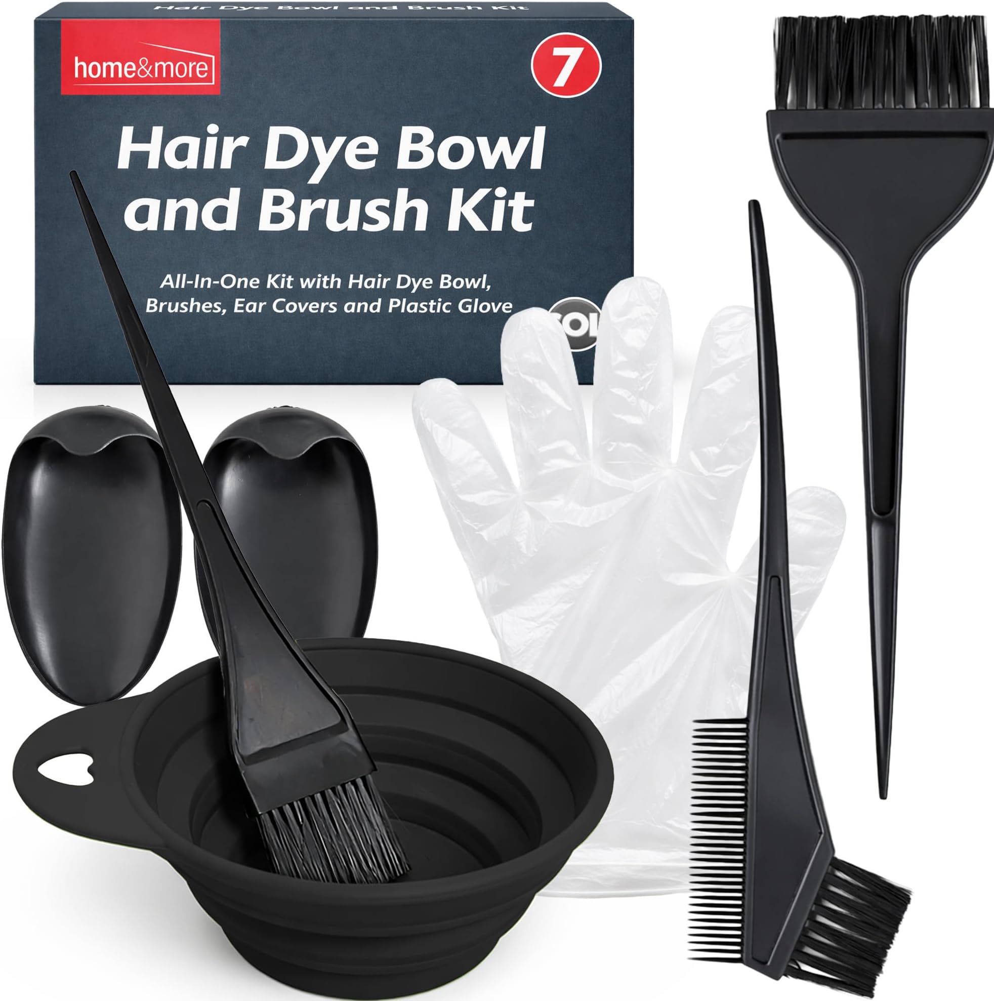 SOL 7pcs Hair Dye Bowl and Brush Kit - Complete Set for At-Home Hair Colouring - Includes Mixing Bowl, Brushes, Protective Glove, Ear Covers - Smooth Easy-Grip Design, Reusable and Easy to Clean Tools