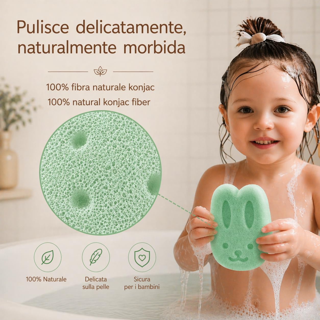 Spugnetta Konjac Baby Fibra di Origine Naturale Delicata Morbida Bagnetto Neonato - Pulizia Pelle Sensibile Viso Bambini (verde)