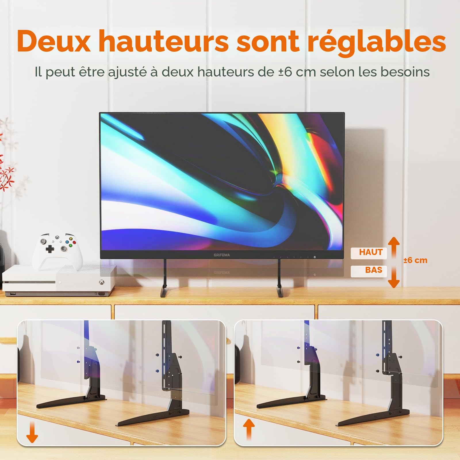 GRIFEMA Pied TV Universel pour Téléviseurs 22"-80", Hauteur Ajustable, Supporte Jusqu'à 50kg, VESA Max 800x400mm, Montage Facile - Noir