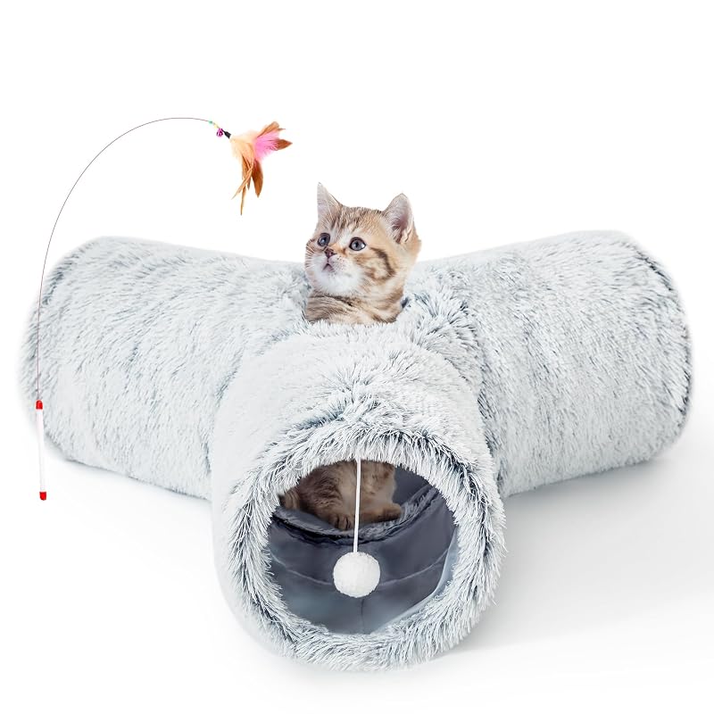 Túnel para Gatos Tempcore de Pelúcia, Dobrável com 3 Vias, Cinza Claro, Tamanho Pequeno, 1 Unidade