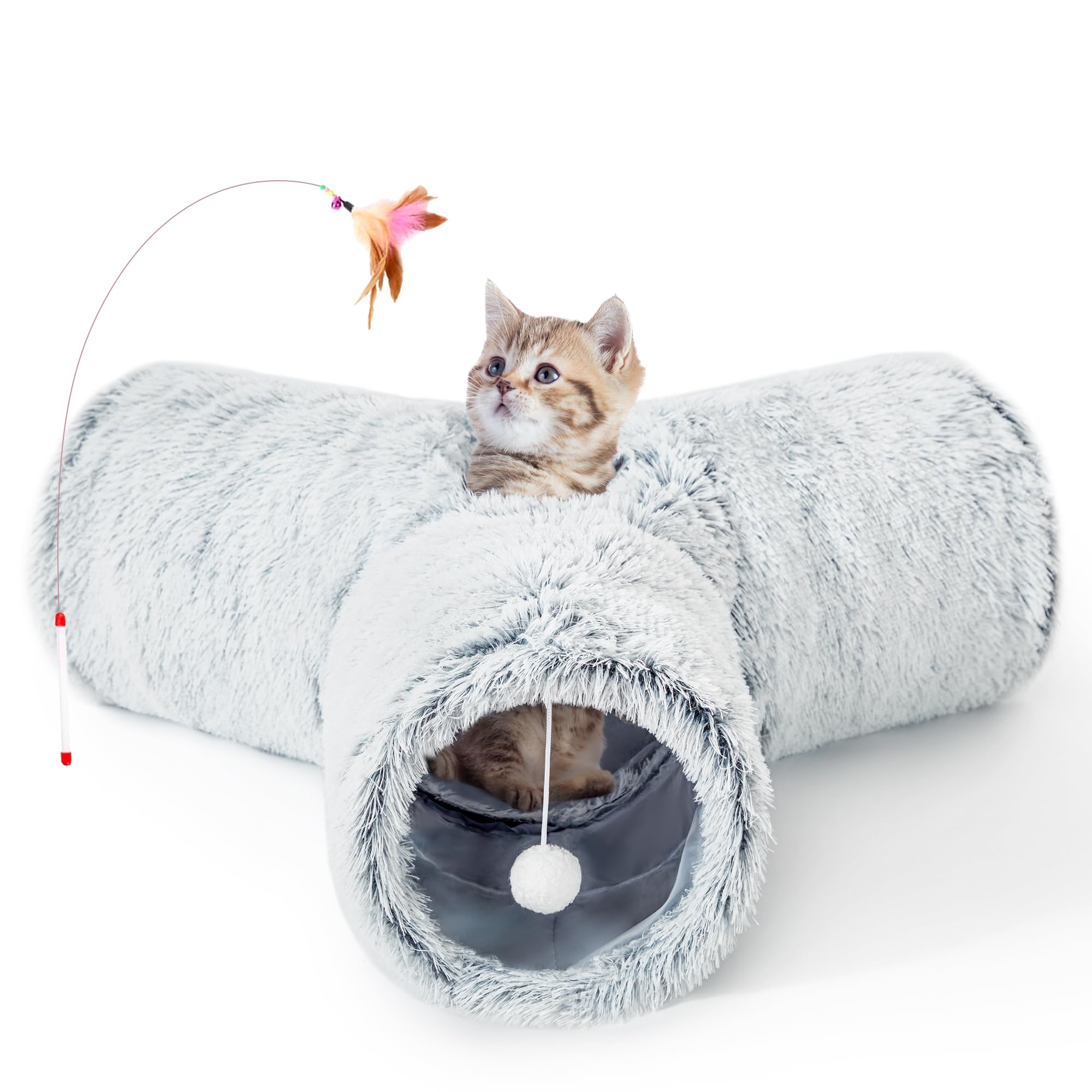 Tempcore Plush Pet Cat Tunnel Tube Cat Toys 3 Way Collapsible, Tunnels for Indoor Cats，Kitty Tunnel Bored Pet Toys Peek Hole Toy Ball Puppy, Kitty, Kitten, Rabbit Light Grey