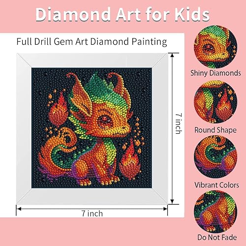 Miniatura 3 de Meothan Kit de pintura de diamante 5D para niños con marco de madera, fácil pintura de diamantes de dragón pequeño, juego de pintura de gemas
