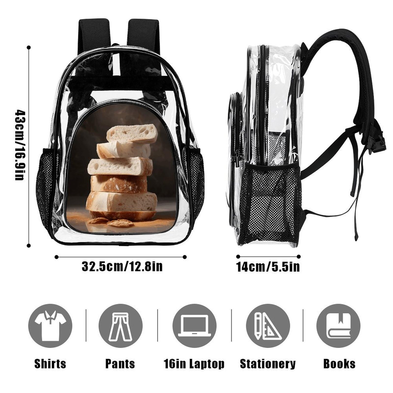 Transparenter Rucksack mit Brotscheiben, groß, transparent, PVC, Büchertasche für Sicherheit, Arbeit, Reisen, Stadion