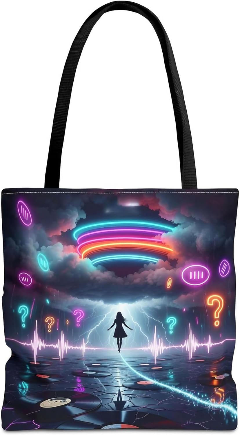 Frequency of Wonder Tote Bag – Neon Lightning and Soundwave Art with Floating Symbols, 18x18 Durable Polyester Tote with Reinforced Handles