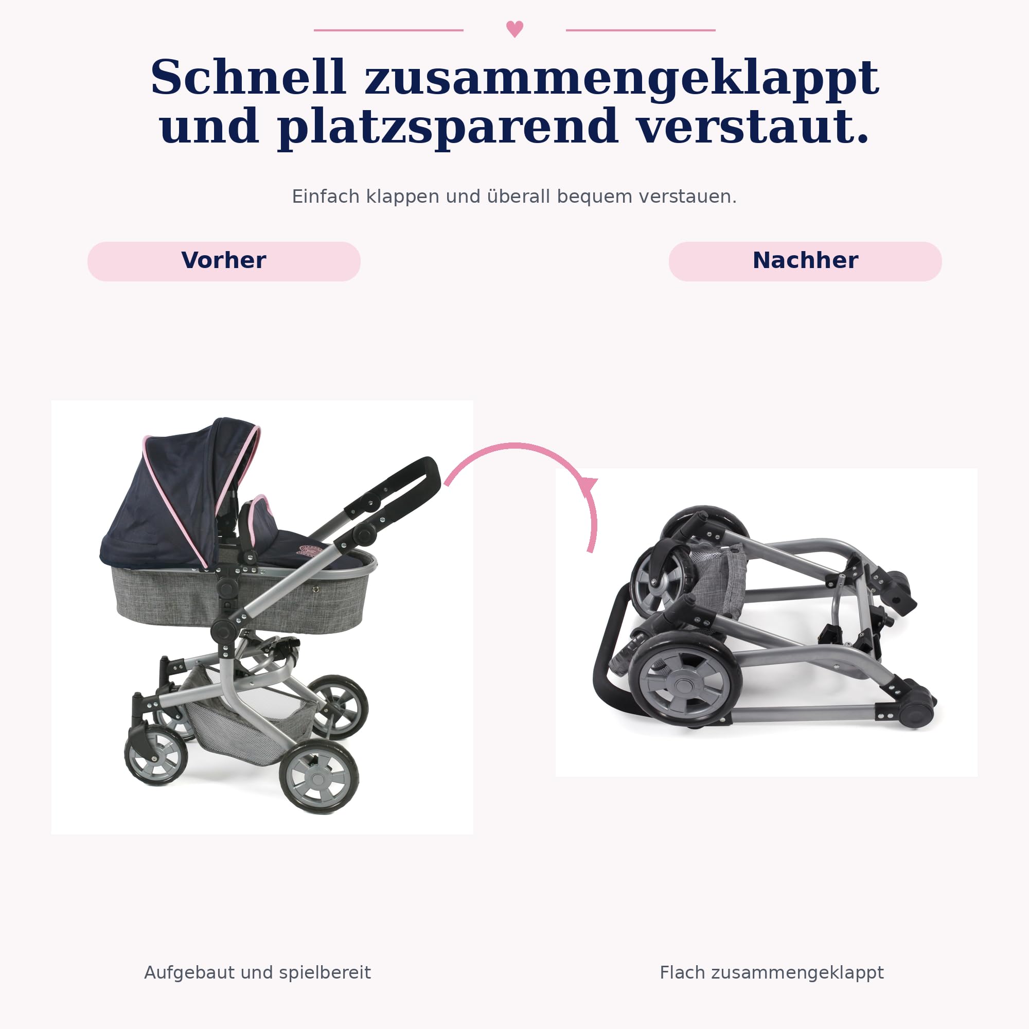 Bayer Chic 2000 Poussette poupée Mika 2 en 1 Pliable et réglable | Poussette poupée 2 en 1 pliable avec poignée réglable (47-80 cm), pour poupées jusqu'à 52 cm.