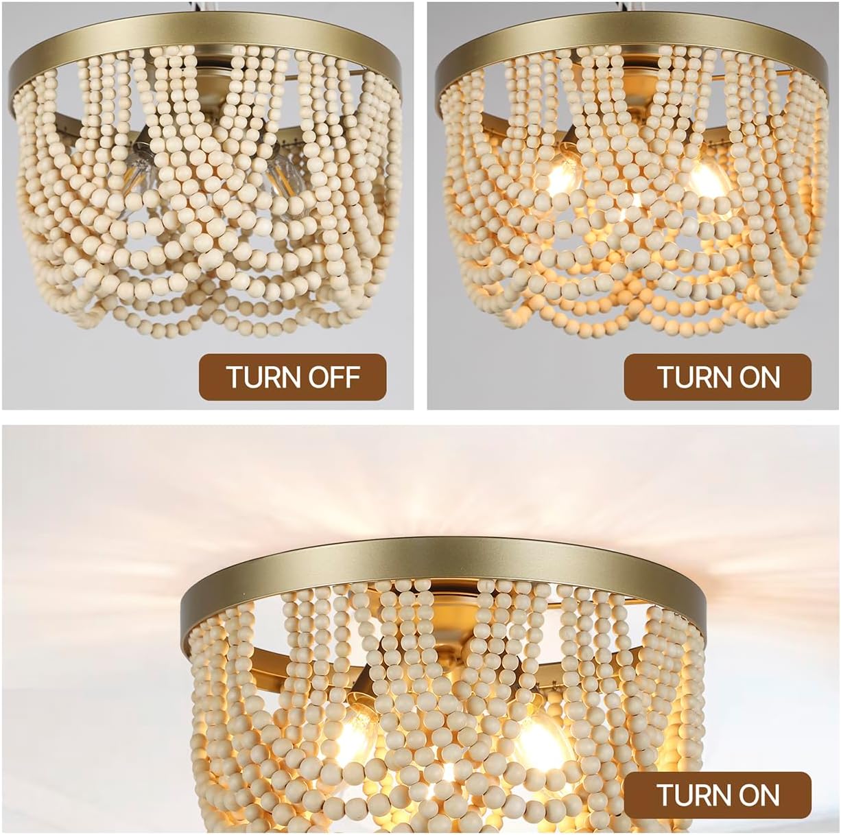 Bohemia Wood Beaded Chandelier, 3-Light Boho Light Fixture, 12.6inch Boho Chandelier Flush Mount Ceiling Light Fixtures for Dining Room, Bedroom, Living Room, Nursery, Girl Room, Hallway and Entryway