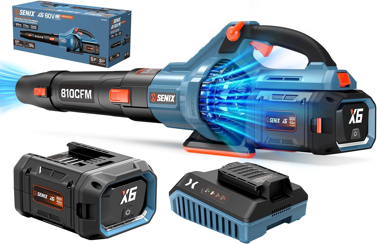 SENIX Leaf Blower Cordless, 60V Max 1300W Brushless Electric Leaf Blowers, 810 CFM & 170 MPH, Stepless Speed, Cruise Control, 60V 4.0Ah Battery & Charger Included,Blowers for Lawn Care, Yard, Garden 810 CFM with 4.0Ah Battery
