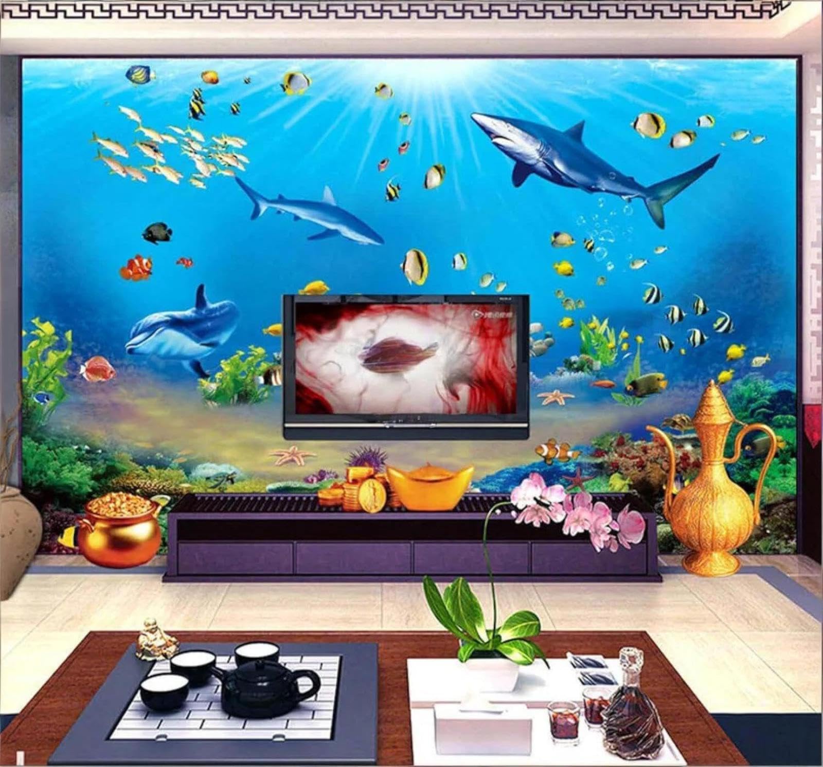 Xlming 350Cm×256Cm(B×H) Beautiful Blue Underwater World Sharks Aquarium 3D Wallpaper Luxury Home Dining Decor Paste Sofa Living Room The Wall For Bedroom Mural-350Cm×256Cm