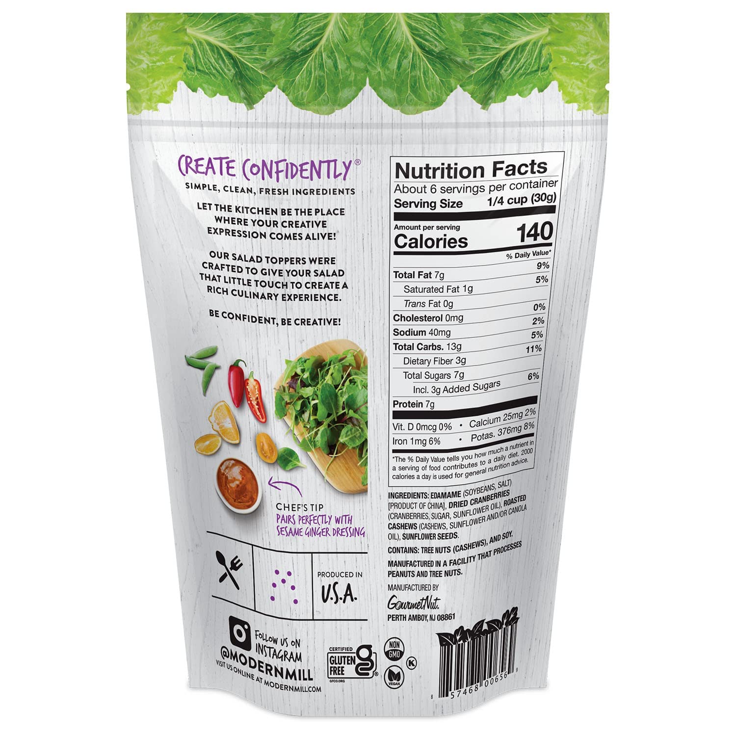 Modern Mill Protein Packed Salad Topper By Gourmet Nut - Mixed Nuts(Roasted Cashews),Dried Cranberries,Edamame,Sunflower Seeds - Gluten Free, Low Sodium, Kosher, Plant Protein Snack, 6oz. Bag (3 Pack)