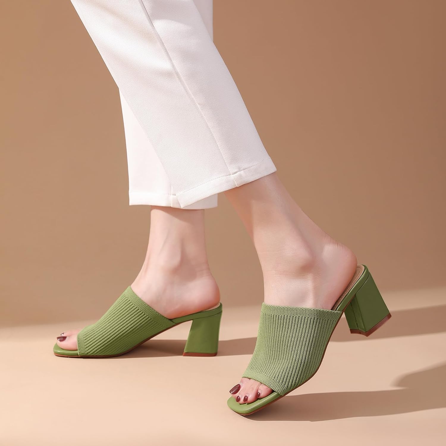 Tilocow Knit Heeled Sandals for Women, Square Open Toe Heels Sandals, Chunky Block Low Heel Slip On Mules - Image 2