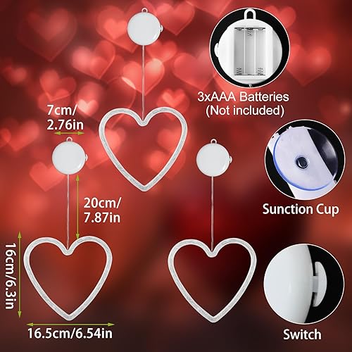 Miniatura 4 de Luces de ventana para el día de San Valentín, 3 luces de corazón de decoración de San Valentín con ventosa, temporizador, luces de cadena de luces