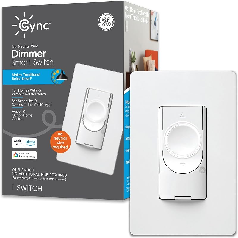 GE CYNC Smart Dimmer Light Switch, No Neutral Wire Required, White | Bluetooth and 2.4 GHz WiFi 3-Wire Switch, Works with Amazon Alexa and Google Home, 1 Pack
